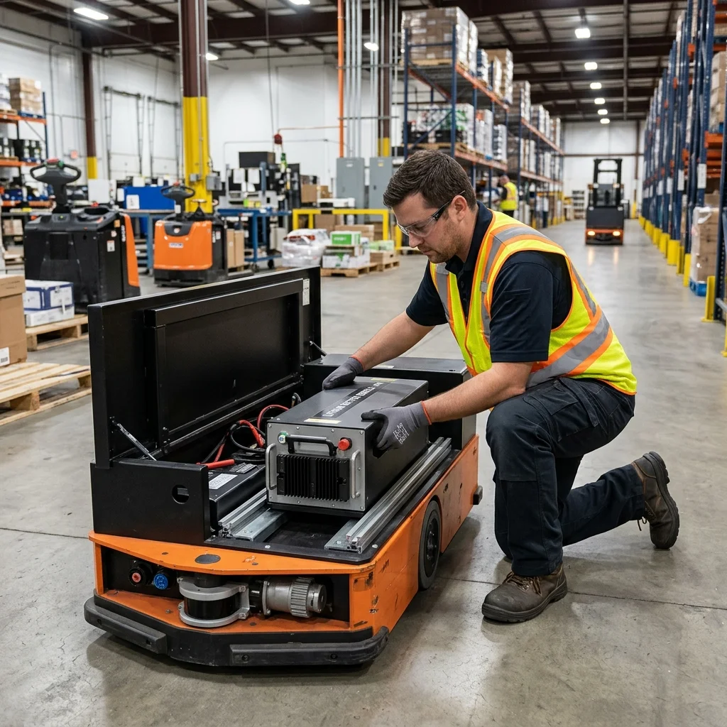 Handover of AGV battery in logistics warehouse