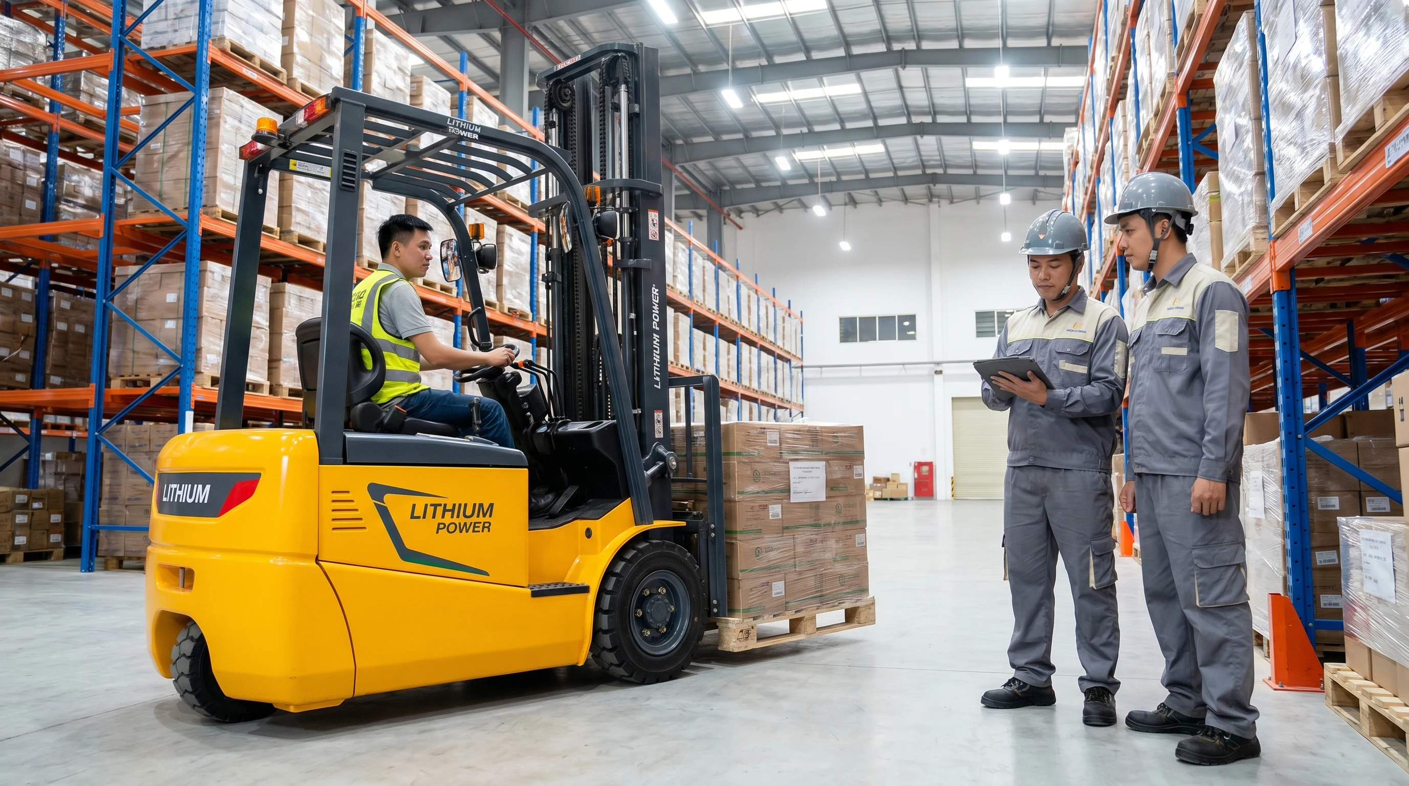 Handover of forklift battery in logistics warehouse