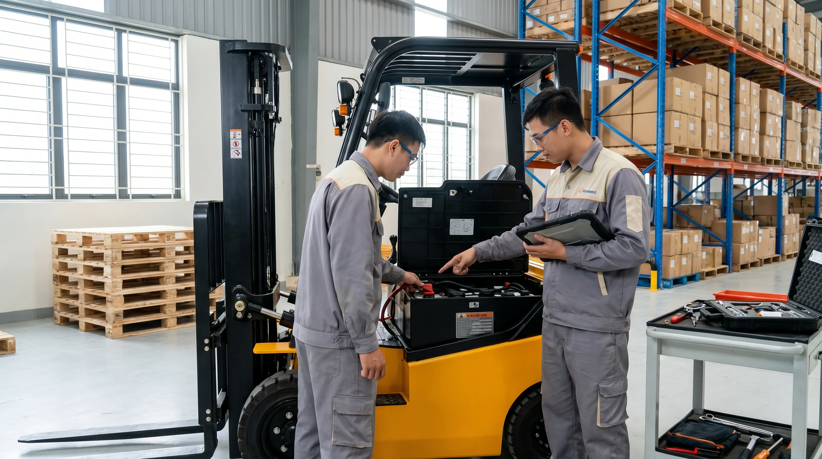 Installation of lithium battery pack for electric forklift
