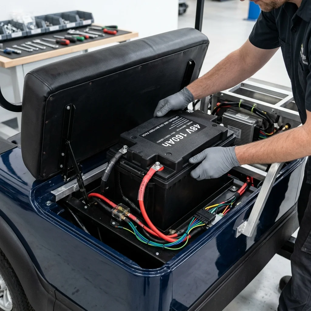 Installing lithium battery into golf cart bay